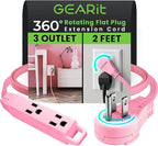 GEARit 360 Rotating Flat Plug Short Extension Cord with 3 Outlets (2ft, Pink) 16AWG/13A 3 Prong Wire, Outlet Saver for Home Office Dorm Room Essentials, ETL Certified