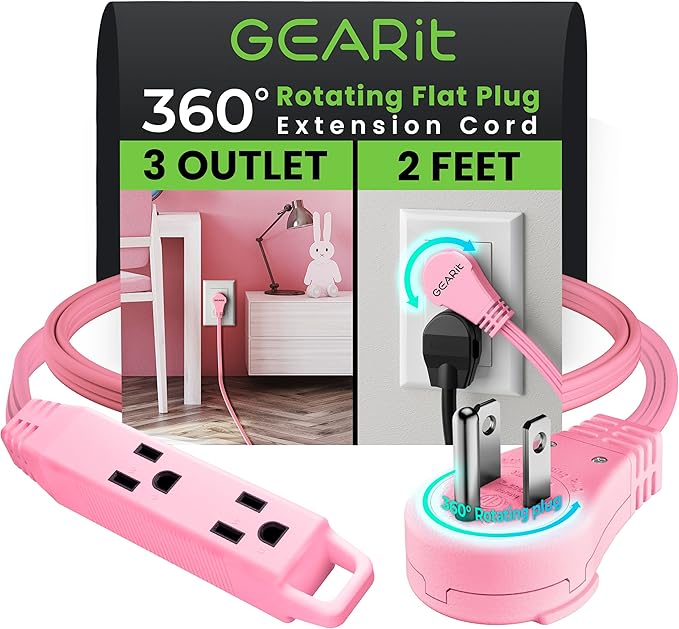 GEARit 360 Rotating Flat Plug Short Extension Cord with 3 Outlets (2ft, Pink) 16AWG/13A 3 Prong Wire, Outlet Saver for Home Office Dorm Room Essentials, ETL Certified