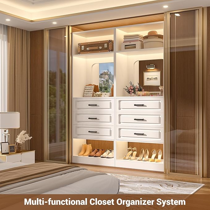 Unikito 25”Freestanding Closet System with 3 Drawers, Closets Organizer Wardrobe with Storage Shelves and Mirror, Sturdy Wood Walk-in Closet Systems for Small Closets, 25" W x 16" D x 80" H, White