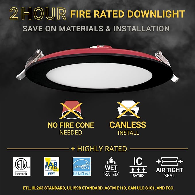NUWATT 12 Pack 2 Hour 6" Fire Rated Recessed Lighting 6 Inch Wafer LED Lights, 5CCT 2700K/3000K/3500K/4000K/5000K, Wet & IC Rated, 15W, Dimmable 1200LM, 90CRI Black Recessed Light, No Cone Needed, ETL