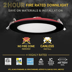 NUWATT 12 Pack 2 Hour 6" Fire Rated Recessed Lighting 6 Inch Wafer LED Lights, 5CCT 2700K/3000K/3500K/4000K/5000K, Wet & IC Rated, 15W, Dimmable 1200LM, 90CRI Black Recessed Light, No Cone Needed, ETL