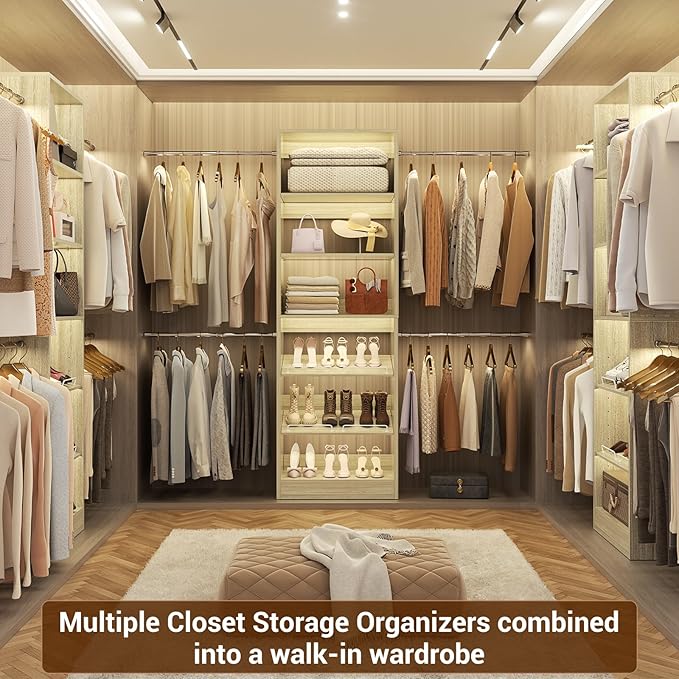 Unikito Closet System, 4-8Ft Wood Closet Organizer Starter Kit with Tower and 4 Extendable Hanging Rods, Walk-in Closet Organizer Wardrobe Clothes Rack with Adjustable Shelves, Garment Rack, White Oak