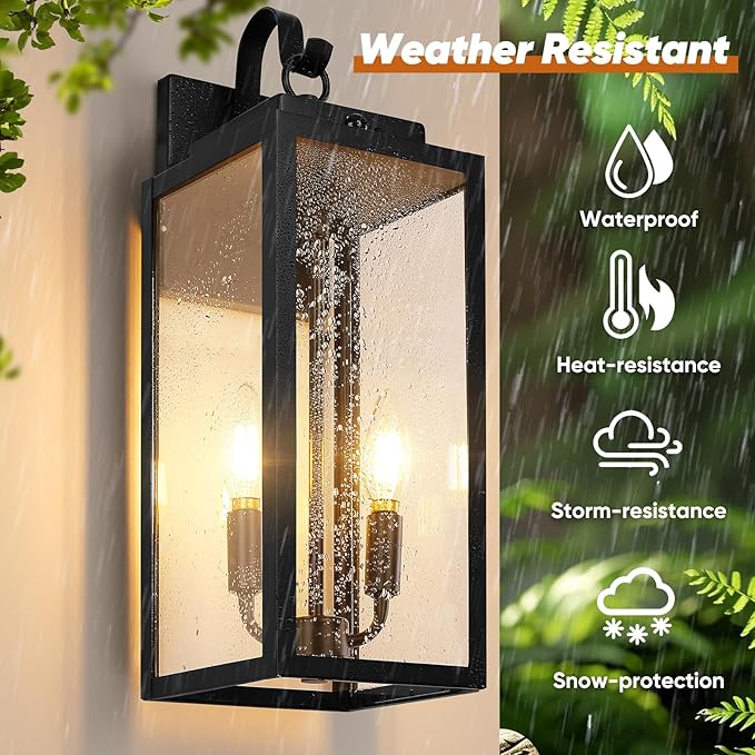 BesLowe 17.5” Upgraded Motion Sensor Outdoor Wall Lights, Dusk to Dawn Porch Lights Outdoor Wall Sconces, 3 Lighting Modes Exterior Lighting Fixtures with Hooks, Black Outside Lights for House, 2-Pack