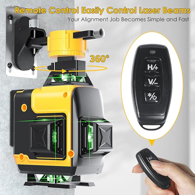 Laser Level, FELLAT 4x360°4D 16 Lines Laser for Construction, Two 360° Vertical and Two 360°Horizontal Green Cross Line Laser with Pulse Mode, Remote Controller and Two Rechargeable Battery
