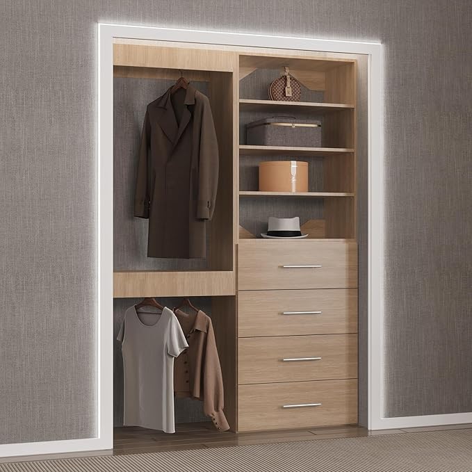 Modular Closet Organizer, 46" Wide Tower and Drawer Closet System, Wooden Wall Mounted Wardrobe Organizer for Bedroom