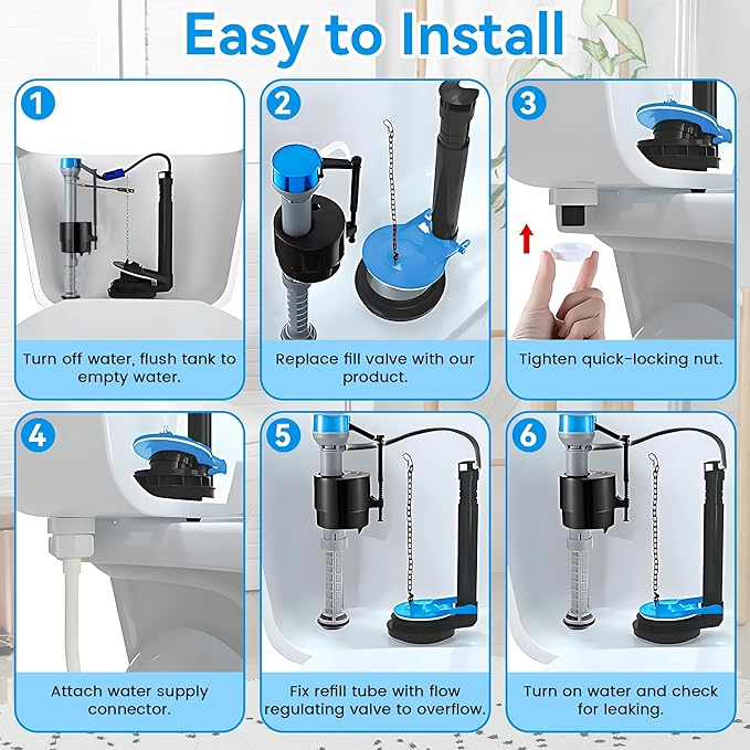 Saillong 3 Inch Universal Toilet Tank Replacement Kit, Toilet Flusher Fill Valve with Low Flow Flapper Repair Kit, Side Mount Flush Brass Handle, Adjustable Water Level, Easy to Install(Blue)
