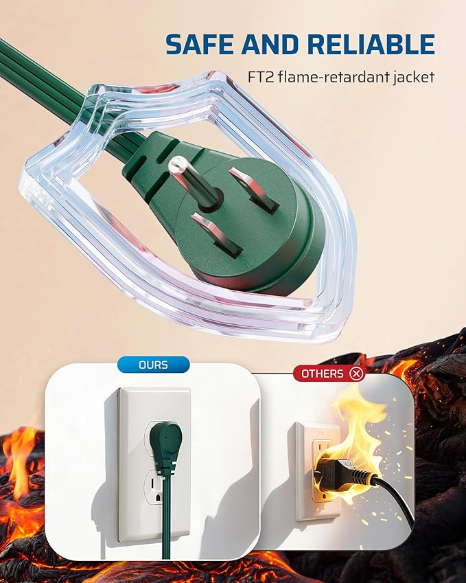 DEWENWILS 3 Outlet Extension Cord with Flat Plug, 3FT 16/3 Awg Grounded Power Cable for Indoor Use, SPT-3 Cord, Green, ETL Listed, 2 Pack