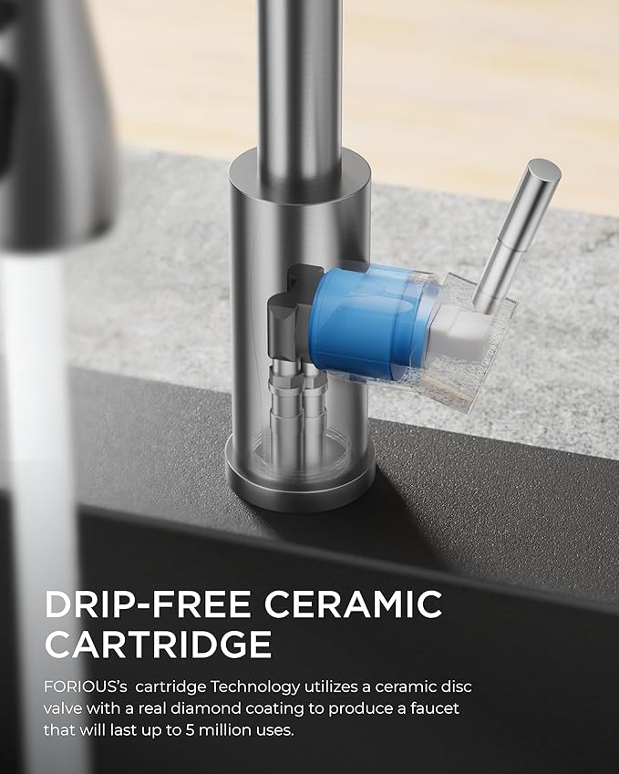 FORIOUS LED Kitchen Faucet with Pull Down Sprayer, Brushed Nicke Single Handle Stainless Steel Traditional Sink Faucets with LED Light Sprayer Head, Suitable for Farmhouse Laundry Camper Rv Bar