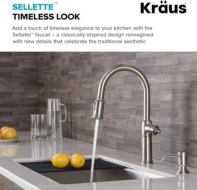 KRAUS Sellette Traditional Spot Free Stainless Steel Single Handle Pull-Down Kitchen Faucet with Deck Plate and Soap Dispenser, KPF-1682SFS-KSD-80SFS