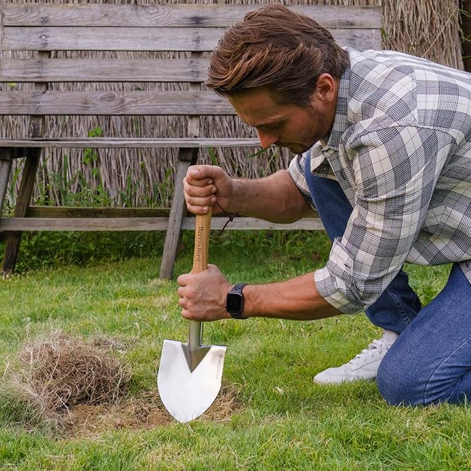 Berry&Bird Short Hand Shovel, 19.8’’ Digging Trowel for Gardening with Wood Handle Stainless Steel Round Point Spade Shovel with Serrated for Cutting, Transplanting & Weeding