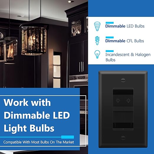 LIDER Combination Dual Dimmer Light Switch Control, 2 Sliding Light Controls, Single Pole, 400W CFL/LED, 600W Incandescent/Halogen, UL Listed, Wall Plate Included, Black, 2 Pcak