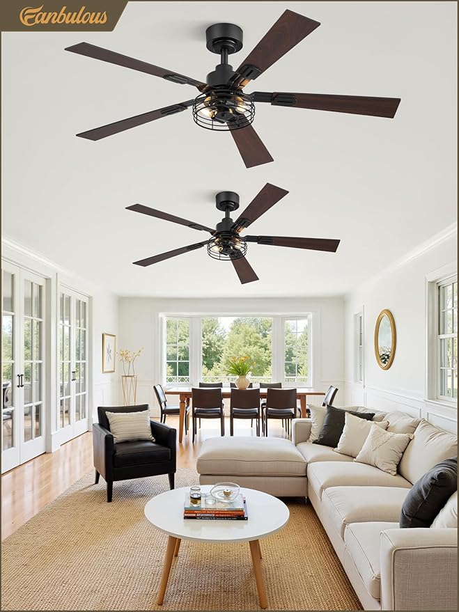 2 Pack Farmhouse 48 Ceiling Fans with Lights, Industrial Caged Ceiling Fans for Bedroom Living Room, Double-Sided 5 Blades Rustic Ceiling Fan-Black