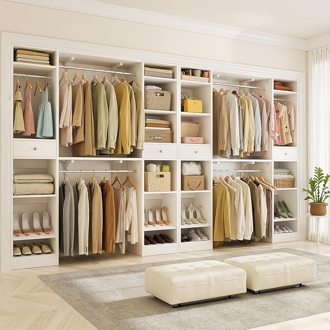 Unikito 10-15FT Closet Systems, Large Wood Walk in Closet Organizer with Hanging Rods and Drawers, Heavy Duty Closets Wardrobe with Shoe Rack, Sturdy Reversible Clothes Closet Kit, White, Set of 2