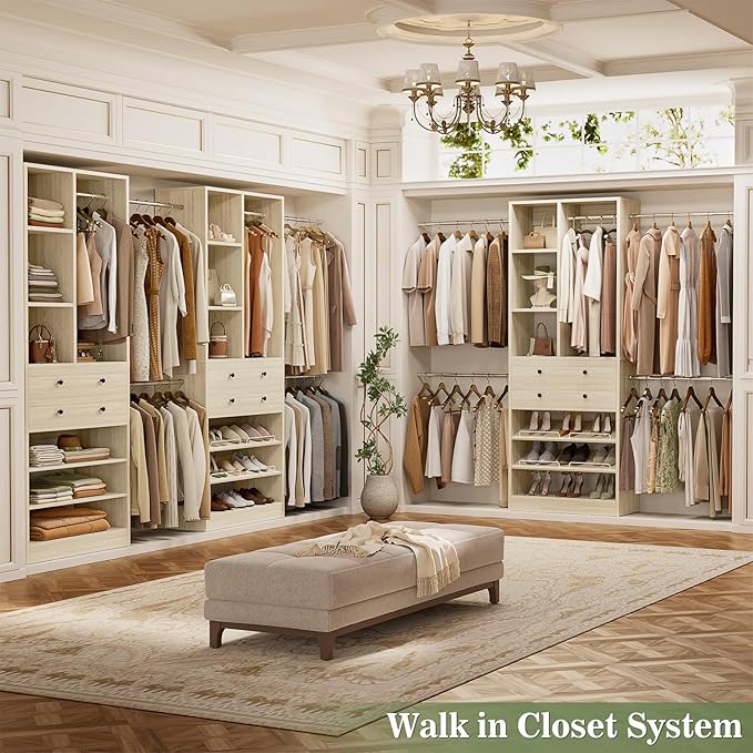 Closet System, 4.2–8.8 FT Closet Organizer with 2 Wooden Drawers and Shelves, Walk-in Closet System with 5 Hang Rods, Built-in Reach in Closet Tower, Can Fit 60 to 96 inch, Greige Oak