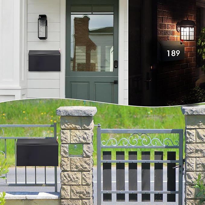 Wall Mount Mailbox for Outside with Flag, Galvanized Steel Mail Box for Post Outdoor, Large Capacity Rust-Proof Metal Postbox for House and Office, with 3 Sets Mailbox Numbers, 14.2"x9.5"x4" Black