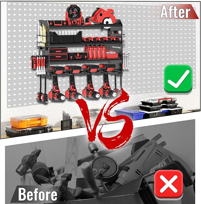 Power Tool Organizer Wall Mount, Metal Power Tool Storage Rack with Screwdriver Holder, Garage Tool Storage Shelves with Screwdriver Holder Plier Holder (Black, 4 Drills Holder)