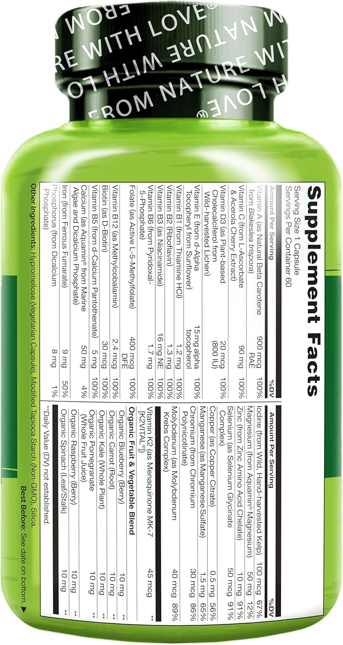 NATURELO One Daily Multivitamin for Women - Energy Support - Whole Food Supplement to Nourish Hair, Skin, Nails - Non-GMO - No Soy - Gluten Free - 60 Capsules - 2 Month Supply
