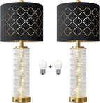Oneach 27.75" Modern Table Lamps Set of 2, Gold Bedside Lamp with Crystal Nightlight, USB A+C, Black Grid Shade, Unique Desk Lamps for Living Room, Bedroom, Nightstand, End Table (2 Bulbs Included)