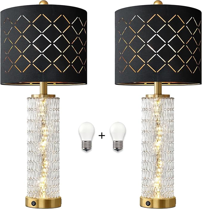 Oneach 27.75" Modern Table Lamps Set of 2, Gold Bedside Lamp with Crystal Nightlight, USB A+C, Black Grid Shade, Unique Desk Lamps for Living Room, Bedroom, Nightstand, End Table (2 Bulbs Included)
