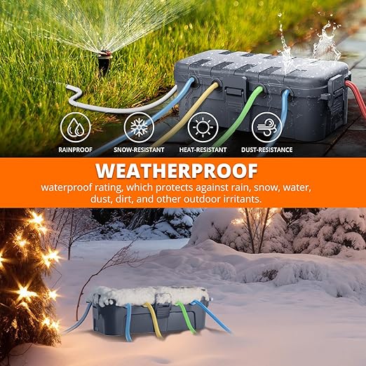 QUOBAS Outdoor Waterproof Electrical Box with 6 Cable Ports, IP54 Weatherproof Heavy-Duty Extension Cord Cover for Power Strips, Garden Power Tools, Holiday Lights, Gray
