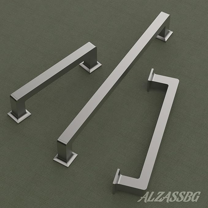 Alzassbg 6 Pack Brushed Satin Nickel Cabinet Pulls, 10 Inch(256mm) Hole Centers Cabinet Handles Square Kitchen Hardware for Cabinets AL3046SN
