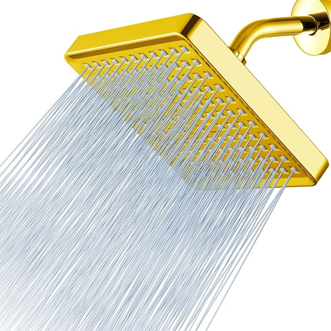 Voolan High Pressure Rain Shower Head - Luxury Modern Look - The Adjustable Replacement For Your Bathroom Showerhead - 6" Square High Flow Pressure Boosting Showers (Gold)
