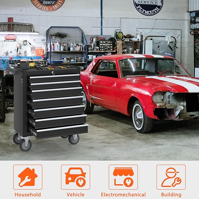 7-Drawer Rolling Tool Chest, Tool Box with 4 Wheels and Drawers, High Capacity Detachable Mobile Tool Storage Cabinet for Garage, Workshop, Mechanics and Repair Room (Black)