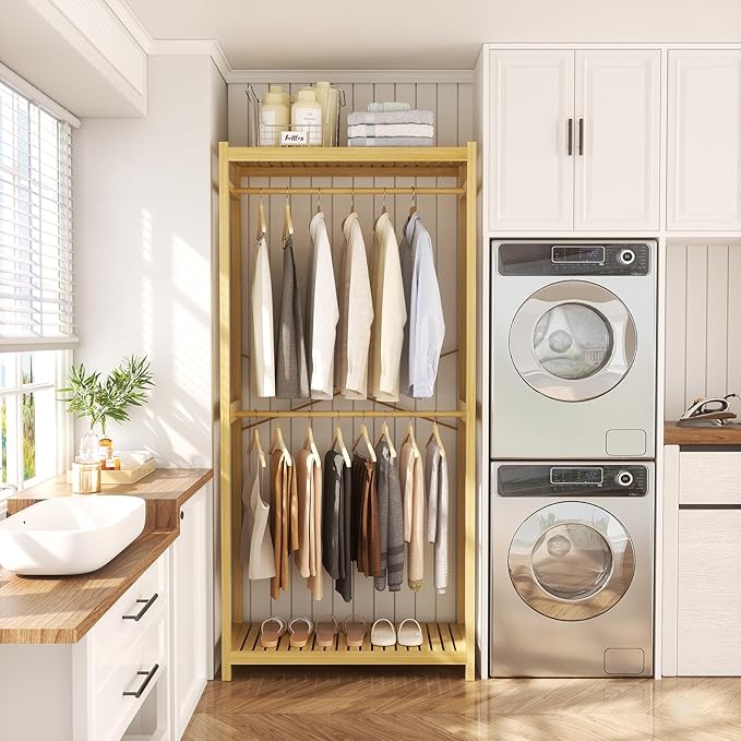 Homykic Bamboo Clothes Rack with Shelves and Double Hang Rods, Portable Closet System Garment Rack for Hanging Clothes, Tall Clothing Rack Corner Closet Organizer, Easy to Built, Natural