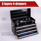 4 Drawers Metal Tool Box, 21" Portable Steel Tool Chest w/Key Lock & Latch Closure, Multi-Function Top Storage Tray Toolbox w/Powder Coating & Ball Bearing Slides for Garage & Workshop(Black)