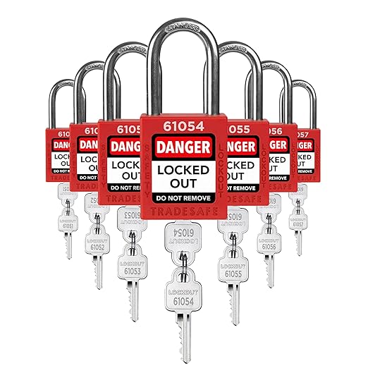 TRADESAFE Lockout Tagout Locks Set - 7 Red Loto Locks, Lockout Locks Keyed Different, 2 Keys Per Lock, OSHA Compliant Lock Out Tag Out Padlocks, Safety Padlocks for Electrical Lockout Tag Out Kits