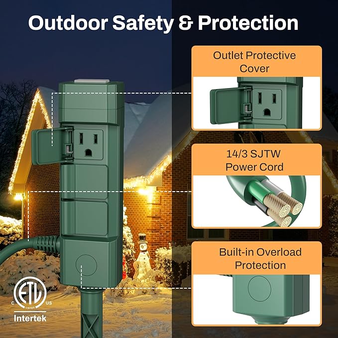 BN-LINK 25ft Outdoor Extension Cord Waterproof with Power Stake, 6-Outlet Power Strip Weatherproof, 14/3 SJTW Heavy Duty Power Cord for Halloween/Christmas Decorations and Inflatables, 15A/1875W