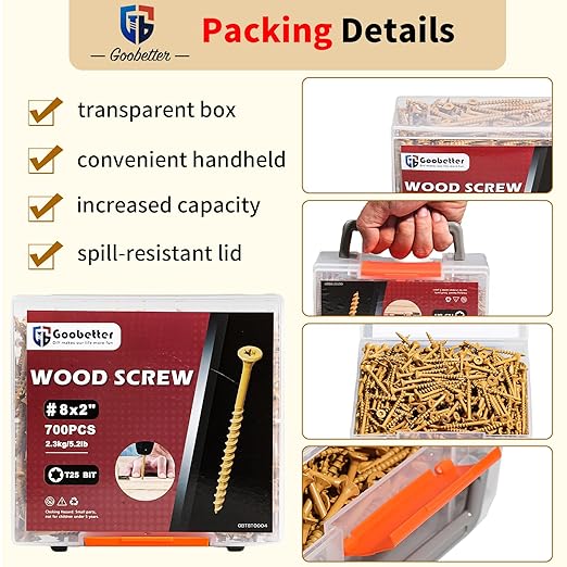 Deck Screws 2 Inch, 700 PCS Wood Screws #8 x 2, Exterior Epoxy Coated, Torx/Star Drive Head Screw, Rust Resistant, Construction Fence Screws, 2 Pcs T25 Star Bits Included, Yellow