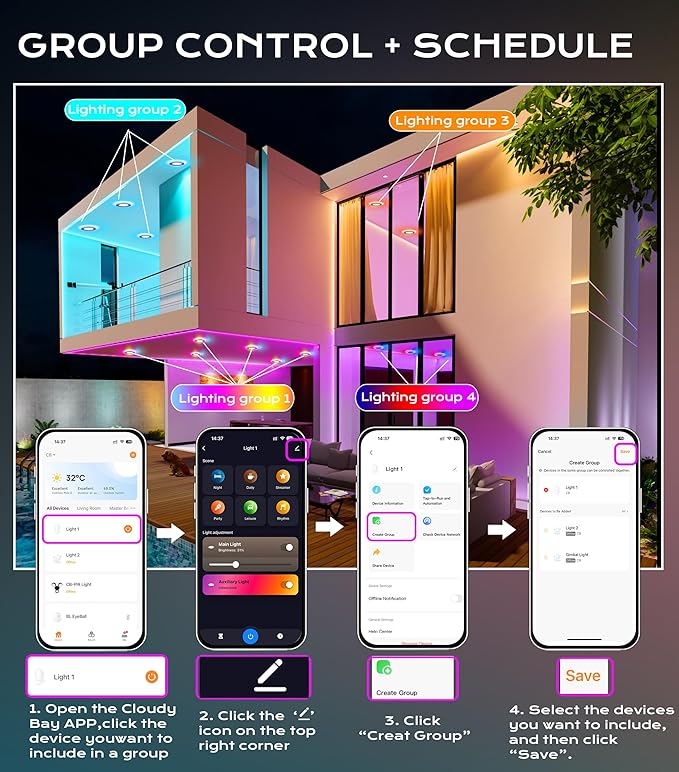 CLOUDY BAY [4 Pack] 6 Inch Gimbal Smart Recessed Lighting with Gradient Accent Light and Night Light,15W 2700K~6500K RGB LED Recessed Lights, Compatible with Alexa and Google Home Assistant