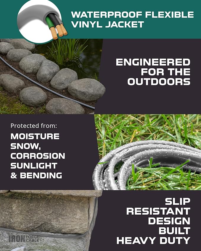 Iron Forge Cable 10 ft Gray Outdoor Extension Cord with Multiple Outlets, 16/3 SJTW 10 Foot Grey Outdoor & Indoor Extension Cord with 3 Outlets, 3 Prong, Weatherproof 13 Amp Heavy Duty Power Cable