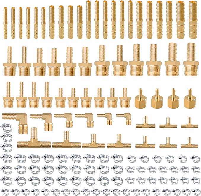 136Pcs Brass Hose Barb Fittings Assortment Kit Barb Splice/Female Adapter/Coupler/Tee/Male Elbow NPT Thread 1/8" 3/16" 1/4" 5/16" 3/8" 1/2" Air Hose Fittings with Pipe Clamps for Water/Air/Fuel