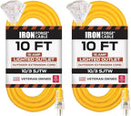 Iron Forge Cable 10 Gauge 10ft Lighted Outdoor Heavy Duty Extension Cord with 3 Outlets - 15 Amp 10/3 SJTW Yellow Extension Cord with Multiple Outlets - 2 Pack