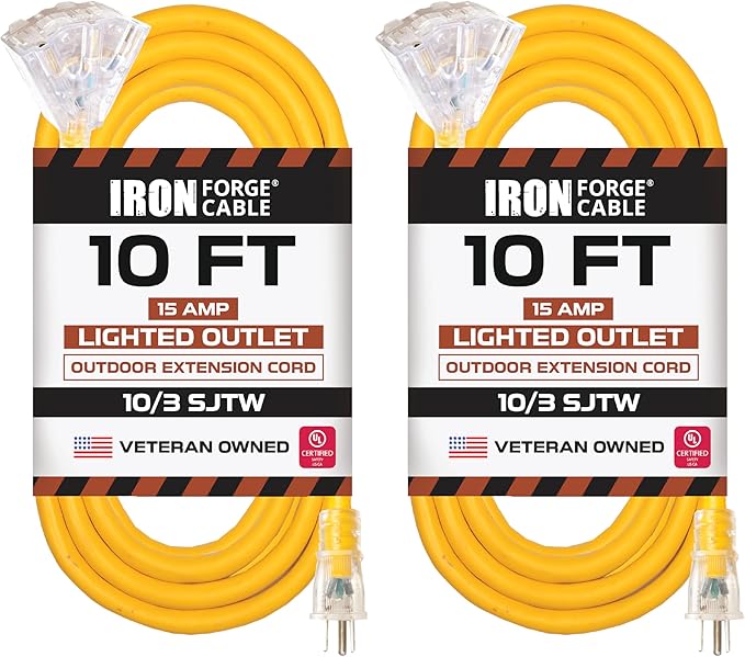 Iron Forge Cable 10 Gauge 10ft Lighted Outdoor Heavy Duty Extension Cord with 3 Outlets - 15 Amp 10/3 SJTW Yellow Extension Cord with Multiple Outlets - 2 Pack