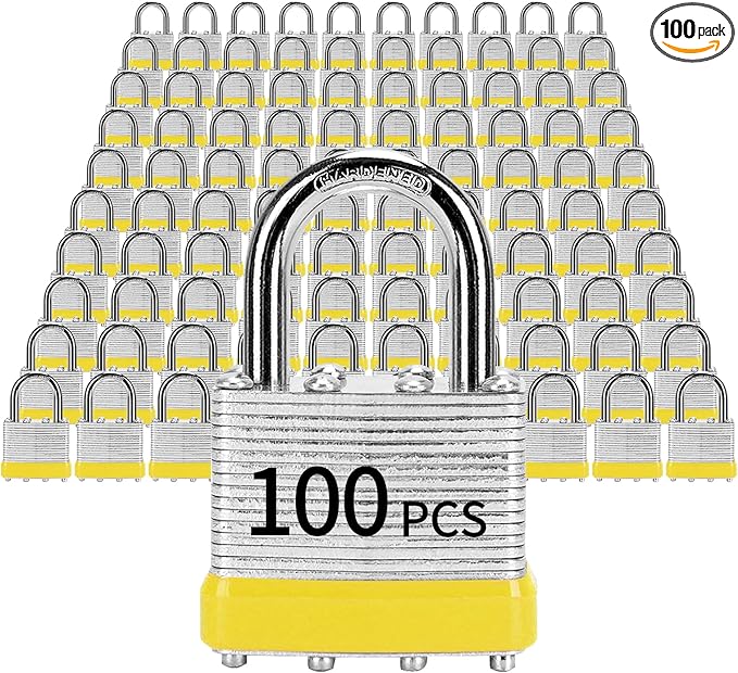 Padlocks with Same Key, LQYN 100 Pcs Laminated Keyed Padlock (1-9/16", 40mm), Keyed Alike Locks, Normal Shackle, for Storage Locker, Hasp Latch, Toolbox, Sheds
