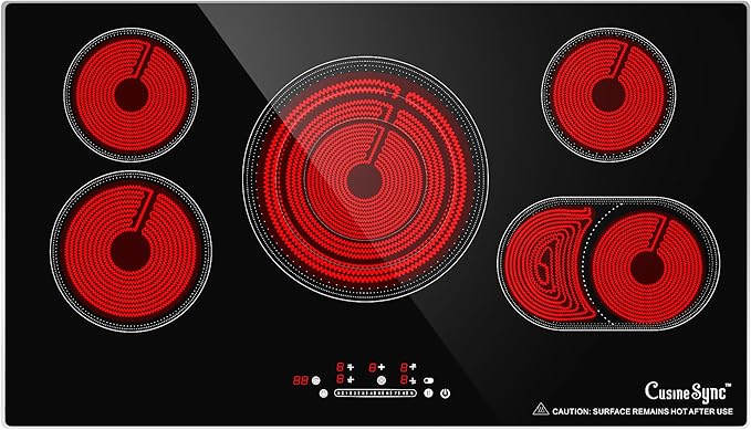 36 Inch Electric Cooktop, 5 Burner Electric Stove Top with 9 Power Levels, Touch Control, Timer, Child Lock and Residual Heat Warning, 9200W, 220-240V for Hard Wire