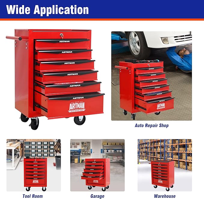 6 Drawers Rolling Tool Box on Wheels, Multifunctional Tool Chest Cabinet with Lock, Drawers Rolling Tool Cart Trolley Organizer Tool Storage Case for Warehouse,Garage,Workshop (Red)