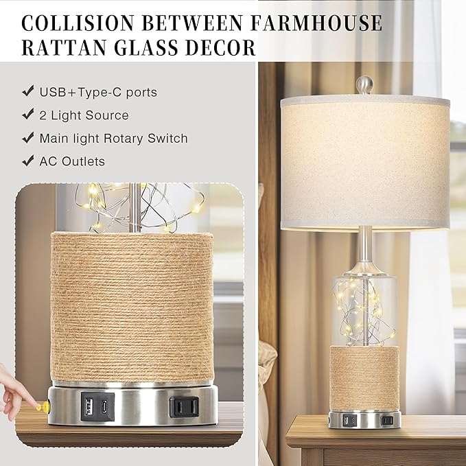 25" Coastal Glass Lamps Set of 2, Touch Control 3-Way Dimmable Night Light Modern Table Lamp with USB A+C Ports & AC Outlets Linen Fabric Shade for Living Room Bedroom Silver Ocean(LED Bulbs Included)