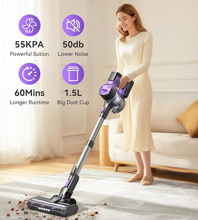 S10 Cordless Vacuum Cleaner, 55Kpa 60mins Lightweight Stick Vacuum with Powerful Suction for Home, Rechargeable, Self-Standing, Handheld Vacuum Cleaners for Hardwood Floors, Carpets, Pet Hair
