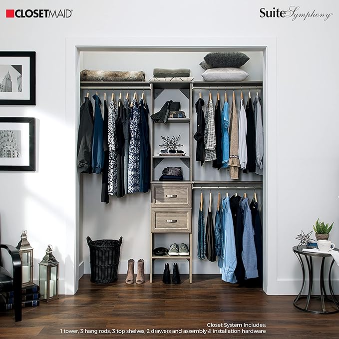 ClosetMaid SuiteSymphony Wood Closet Organizer Kit with Tower 3 Hang Rods, Top Shelves, 2 Drawers, Adjustable, Fits Spaces 5-9 ft. Wide, Graphite Grey