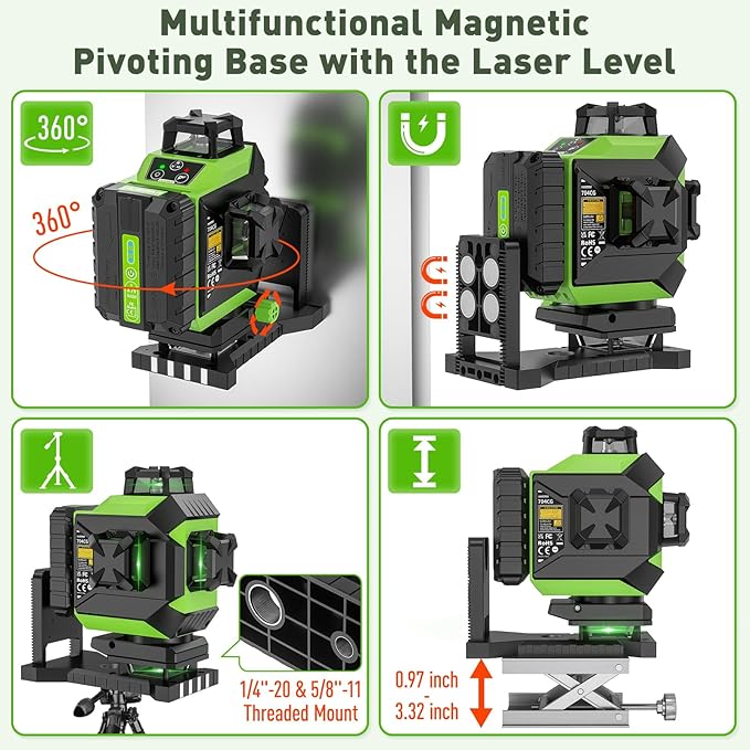 Huepar 4x360 Laser Level Self-leveling 4D Green Beam Cross Line 16 Lines Tiling Floor Laser Tool -2x360 Horizontal/Vertical Laser Lines -rechargeable Li-ion Battery & Integrated Magnetic Bracket 704CG