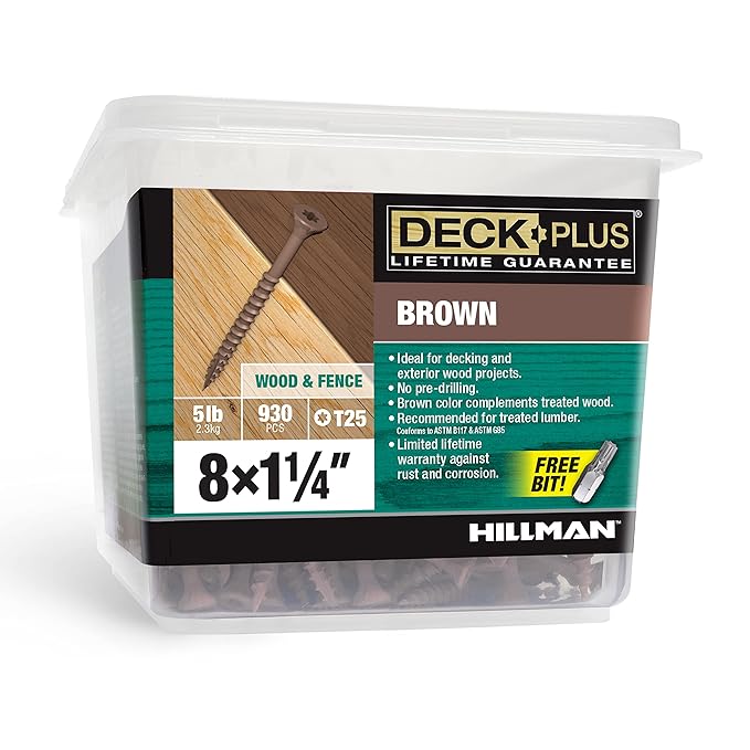 Deck Plus 1-1/4 Inch Epoxy Coated Exterior Wood and Fence Screws #8 x 1-1/4" Torx/Star Drive Included Coarse Thread, Outdoor Rust Resistant Decking Screw, Brown, 5 lb Box, 930 Pieces | 49001