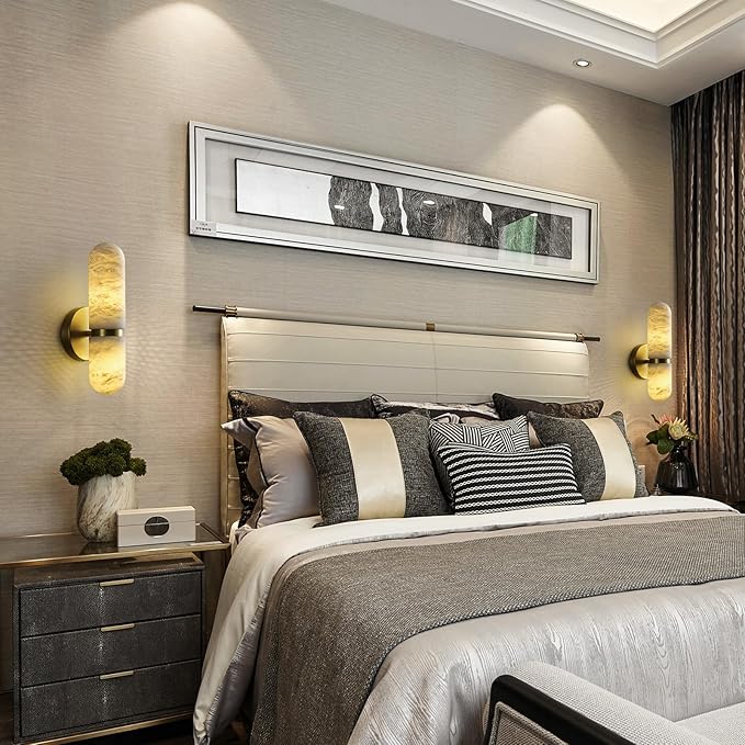 Alabaster Wall Sconces, 13in Brass Alabaster Sconce, Modern Spanish Natural Marble Sconces Lights, Gold Sconces for Bathroom Vanity Bedroom Living Room Staircases Hallway