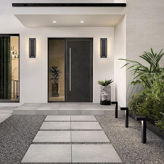 tewei 2 Pack LED Outdoor Wall Lights, 15.7'' Modern Outdoor Indoor Wall Sconce Large Exterior Lighting Fixtures Outside Front Door Lights for House, Hallway, Warm White 3000K, Black with Gold Finish