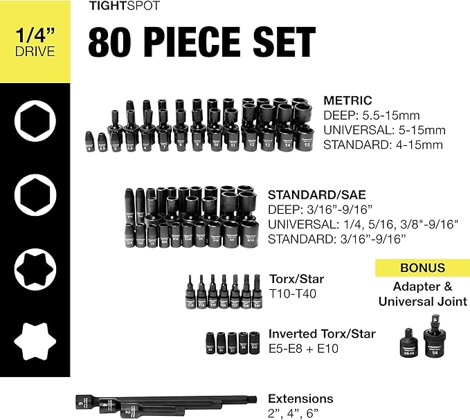 TIGHTSPOT 1/4" Drive 80pc Impact Socket MASTER SET, our Most Complete Set Ever with SAE & Metric from 3/16 Inch - 9/16 Inch, 4mm - 15mm, Standard/Deep/Universal & Torx & Inverted Torx Sockets & More
