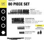TIGHTSPOT 1/4" Drive 80pc Impact Socket MASTER SET, our Most Complete Set Ever with SAE & Metric from 3/16 Inch - 9/16 Inch, 4mm - 15mm, Standard/Deep/Universal & Torx & Inverted Torx Sockets & More