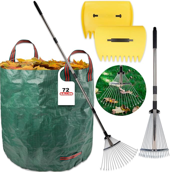 Leaf Collector Garden Rake Set - Adjustable 18 Tines Leaf Rakes & Leaf Picker Upper & 72 Gallon Lawn Waste Bag, Heavy Duty Collect Rake, Hand Leaf Scoop, Brown Paper Dumpster, Yard Gardening Tool